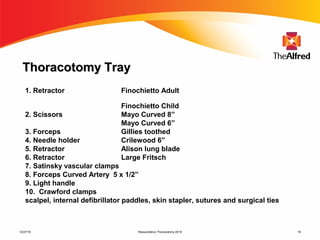 Resuscitative Thoracotomy 2016 19
Thoracotomy TrayThoracotomy Tray
1. Retractor Finochietto Adult
Finochietto Child
2. Scissors Mayo Curved 8”
Mayo Curved 6”
3. Forceps Gillies toothed
4. Needle holder Crilewood 6”
5. Retractor Alison lung blade
6. Retractor Large Fritsch
7. Satinsky vascular clamps
8. Forceps Curved Artery 5 x 1/2”
9. Light handle
10. Crawford clamps
scalpel, internal defibrillator paddles, skin stapler, sutures and surgical ties
12/27/16
 