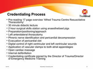 Resuscitative Thoracotomy 2016 20
Credentialing ProcessCredentialing Process
• Pre-reading 17 page overview ‘Alfred Trauma Centre Resuscitative
Thoracotomy’
• 30 minute didactic lecture
• 2 hour surgical skills station using anaesthetised pigs
• Preparation/positioning/approach
• Left anterolateral thoracotomy
• Phrenic nerve identification and pericardial decompression
• Evacuation of pericardial clot
• Digital control of right ventricular and left ventricular wounds
• Application of vascular clamps to both atrial appendages
• Open cardiac massage
• Internal defibrillation
• Credentialing certificate signed by the Director of Trauma/Director
of Emergency Medicine Training
12/27/16
 