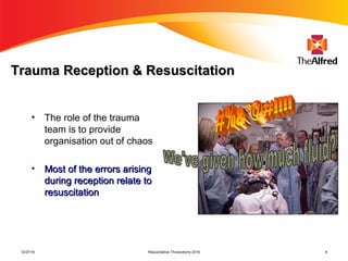 Resuscitative Thoracotomy 2016 6
Trauma Reception & ResuscitationTrauma Reception & Resuscitation
• The role of the trauma
team is to provide
organisation out of chaos
• Most of the errors arisingMost of the errors arising
during reception relate toduring reception relate to
resuscitationresuscitation
12/27/16
 