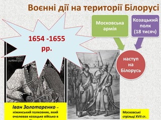 Воєнні дії на території Білорусі
1654 -1655
рр.
Іван Золотаренко –
ніжинський полковник, який
очолював козацьке військо в
Московські
стрільці XVII ст.
 