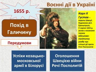 Воєнні дії в Україні
1655 р.
Передумови
Похід в
Галичину
Карл Х
Густав –
король Швеції.
Художник Д.К.
Еренштраль.
У серпні 1655 р.
уклав з козаками
таємну
військово-
політичну
угоду про
спільні дії проти
Речі Посполитої
 