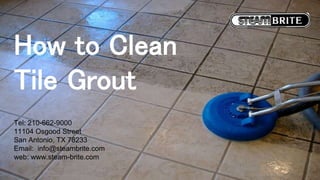 How to Clean
Tile Grout
Tel: 210-662-9000
11104 Osgood Street
San Antonio, TX 78233
Email: info@steambrite.com
web: www.steam-brite.com
 