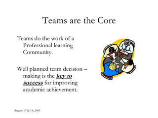 August 17 & 18, 2009 Teams are the Core Teams do the work of a Professional learning Community.  Well planned team decision –making is the  key to success  for improving academic achievement. 