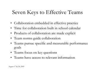 August 17 & 18, 2009 Seven Keys to Effective Teams Collaboration embedded in effective practice Time for collaboration built in school calendar Products of collaboration are made explicit Team norms guide collaboration Teams pursue specific and measurable performance goals Teams focus on key questions  Teams have access to relevant information 