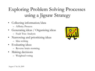 August 17 & 18, 2009 Exploring Problem Solving Processes  using a Jigsaw Strategy Collecting information/data Affinity Process Generating ideas / Organizing ideas Fault Tree Analysis Narrowing and prioritizing ideas Idea writing Evaluating ideas Reverse brain storming Making decisions Weighted voting 