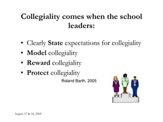 Collegiality comes when the school leaders: Clearly  State  expectations for collegiality Model  collegiality Reward  collegiality Protect  collegiality Roland Barth, 2005 