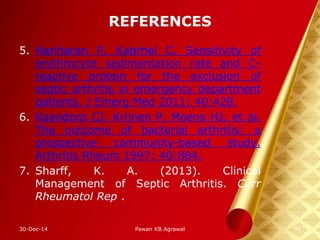 REFERENCES
5. Hariharan P, Kabrhel C. Sensitivity of
erythrocyte sedimentation rate and C-
reactive protein for the exclusion of
septic arthritis in emergency department
patients. J Emerg Med 2011; 40:428.
6. Kaandorp CJ, Krijnen P, Moens HJ, et al.
The outcome of bacterial arthritis: a
prospective community-based study.
Arthritis Rheum 1997; 40:884.
7. Sharff, K. A. (2013). Clinical
Management of Septic Arthritis. Curr
Rheumatol Rep .
30-Dec-14 40Pawan KB Agrawal
 