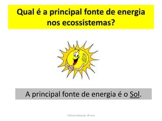 Qual é a principal fonte de energia
nos ecossistemas?
Ciências Naturais 8º ano
A principal fonte de energia é o Sol.
 