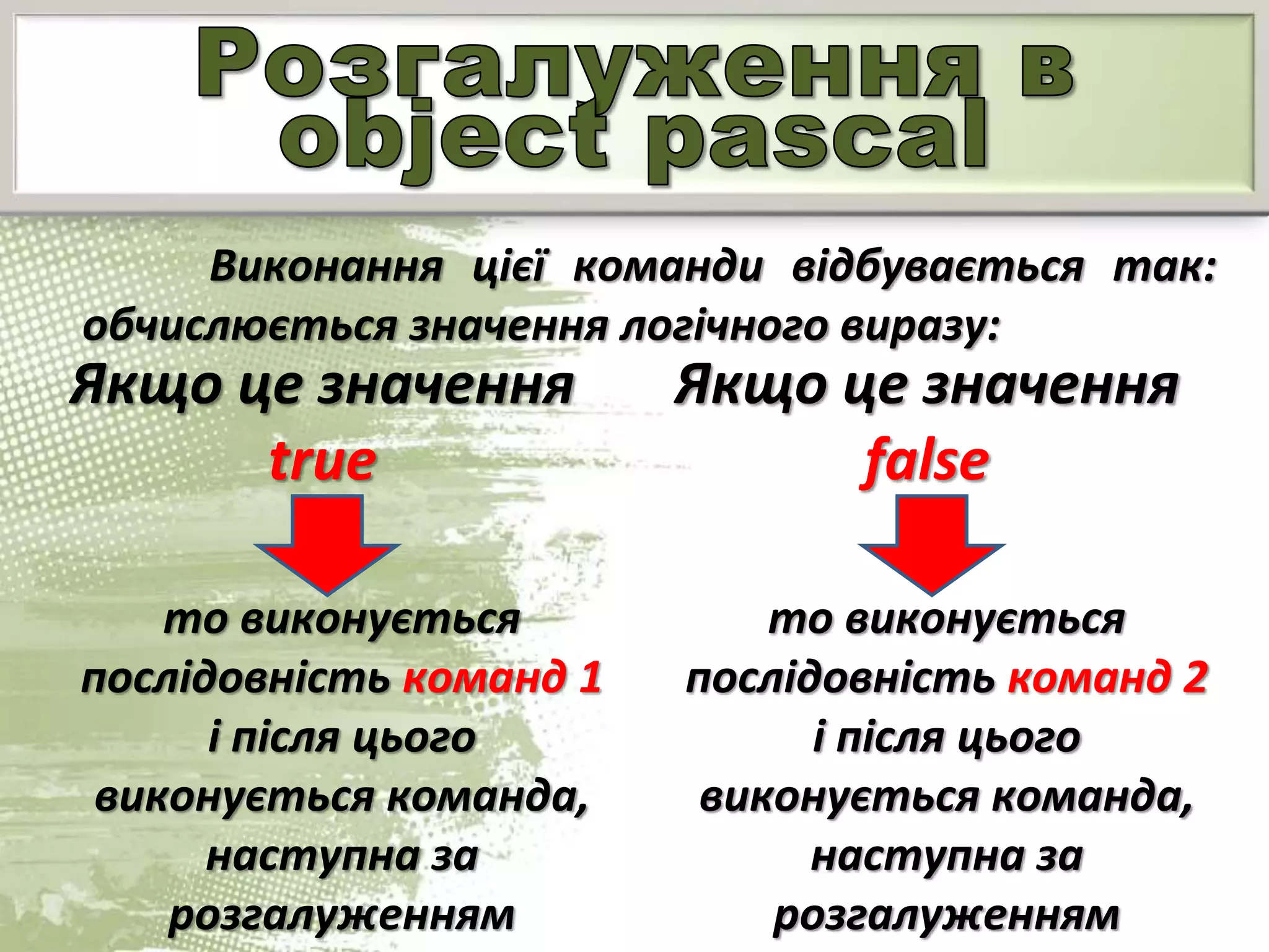 Виконання цієї команди відбувається так:
обчислюється значення логічного виразу:
Якщо це значення
true
то виконується
послідовність команд 1
і після цього
виконується команда,
наступна за
розгалуженням
Якщо це значення
false
то виконується
послідовність команд 2
і після цього
виконується команда,
наступна за
розгалуженням
 