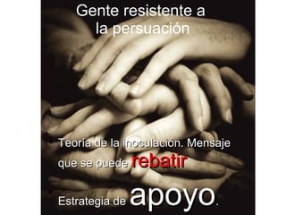 Gente resistente a
la persuación

Teoría de la inoculación. MensajeTeoría de la inoculación. Mensaje
que se puedeque se puede rebatirrebatir

Estrategia deEstrategia de apoyoapoyo..
 