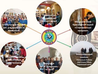 Кіностудія
ім. А. Довженка,
м. Київ
Миколаївська
міська Станція
юних техників
Миколаївський
полігон.
Навчально-бойова
підготовка бійців
Української армії
Миколаївський
Краєзнавчий музей
«Старофлотські
казарми»
Бібліотека-філіал №8
ЦБС для дорослих м.
Миколаєва
Управління
національної
поліції і музей
МВС
 