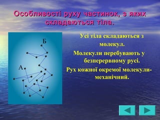 Особливості руху частинок, з якихОсобливості руху частинок, з яких
складаються тіла.складаються тіла.
Усі тіла складаються з
молекул.
Молекули перебувають у
безперервному русі.
Рух кожної окремої молекули-
механічний.
 