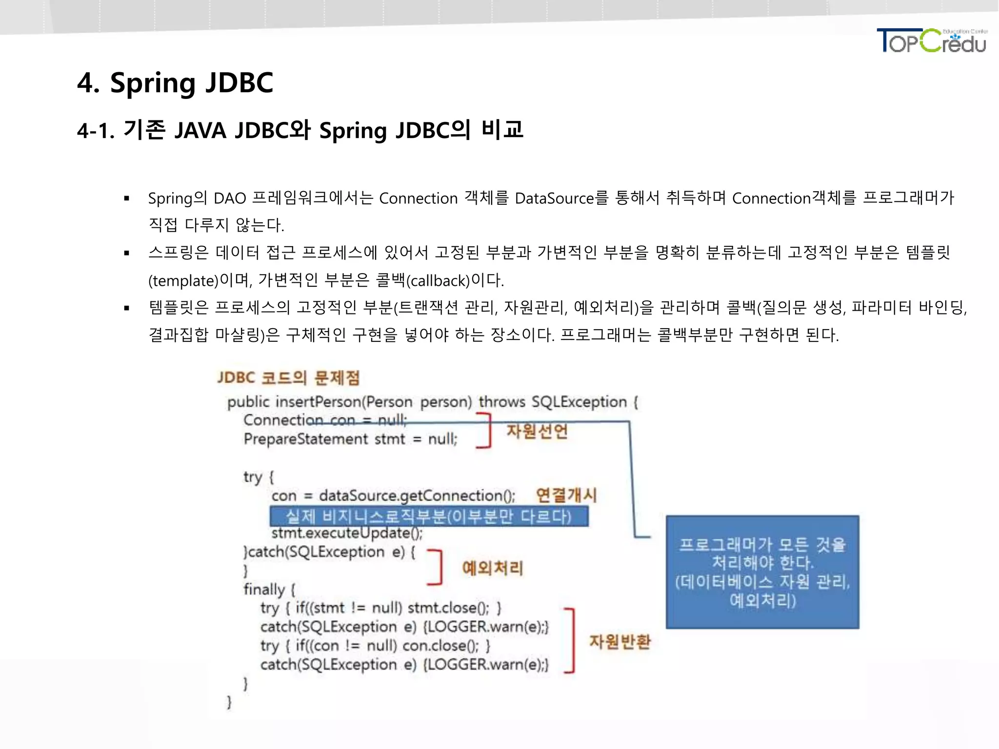 4. Spring JDBC
4-1. 기존 JAVA JDBC와 Spring JDBC의 비교
 Spring의 DAO 프레임워크에서는 Connection 객체를 DataSource를 통해서 취득하며 Connection객체를 프로그래머가
직접 다루지 않는다.
 스프링은 데이터 접근 프로세스에 있어서 고정된 부분과 가변적인 부분을 명확히 분류하는데 고정적인 부분은 템플릿
(template)이며, 가변적인 부분은 콜백(callback)이다.
 템플릿은 프로세스의 고정적인 부분(트랜잭션 관리, 자원관리, 예외처리)을 관리하며 콜백(질의문 생성, 파라미터 바인딩,
결과집합 마샬링)은 구체적인 구현을 넣어야 하는 장소이다. 프로그래머는 콜백부분만 구현하면 된다.
 