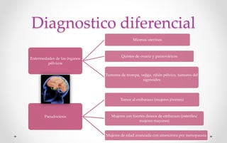Diagnostico diferencial
Enfermedades de los órganos
pélvicos
Miomas uterinos
Quistes de ovario y paraováricos
Tumores de trompa, vejiga, riñón pélvico, tumores del
sigmoides
Pseudociesis
Temor al embarazo (mujeres jóvenes)
Mujeres con fuertes deseos de embarazo (esteriles/
mujeres mayores)
Mujeres de edad avanzada con amenorrea por menopausia
 