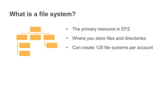 What is a file system?
• The primary resource in EFS
• Where you store files and directories
• Can create 125 file systems...