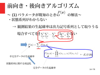 14 / 78
前向き・後向きアルゴリズム
〜 (1) パラメータが既知のときの の解法〜
・状態系列がわからない
→ 観測結果の生起確率は出力記号系列として取りうる
場合すべてを想定しなくてはならない
← 式 (7.25)
不完全データの生起確率
完全データの生起確率
状態系列に関する周辺化
 