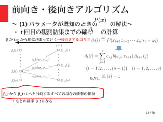 19 / 78
前向き・後向きアルゴリズム
〜 (1) パラメータが既知のときの の解法〜
・ t 回目の観測結果までの確率 の計算
ただし
β_t から β_t+1 へと分岐するすべての場合の確率の総和
→ もとの確率 β_t になる
β が t=n から順に決まっていく→後向きアルゴリズム
 