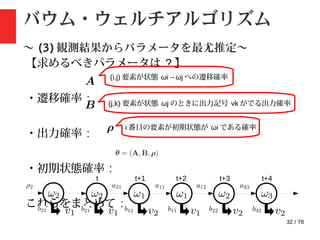 32 / 78
バウム・ウェルチアルゴリズム
〜 (3) 観測結果からパラメータを最尤推定〜
【求めるべきパラメータは ? 】
・遷移確率 :
・出力確率 :
・初期状態確率 :
これらをまとめて :
(i,j) 要素が状態 ωi→ωj への遷移確率
(j,k) 要素が状態 ωj のときに出力記号 vk がでる出力確率
i 番目の要素が初期状態が ωi である確率
t t+1 t+2 t+3 t+4
 