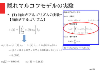 60 / 78
隠れマルコフモデルの実験
〜 (1) 前向きアルゴリズムの実験〜
【前向きアルゴリズム】
・ step2: 再帰的計算
 
