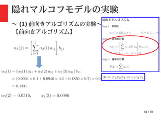 61 / 78
隠れマルコフモデルの実験
〜 (1) 前向きアルゴリズムの実験〜
【前向きアルゴリズム】
・ step2: 再帰的計算
 