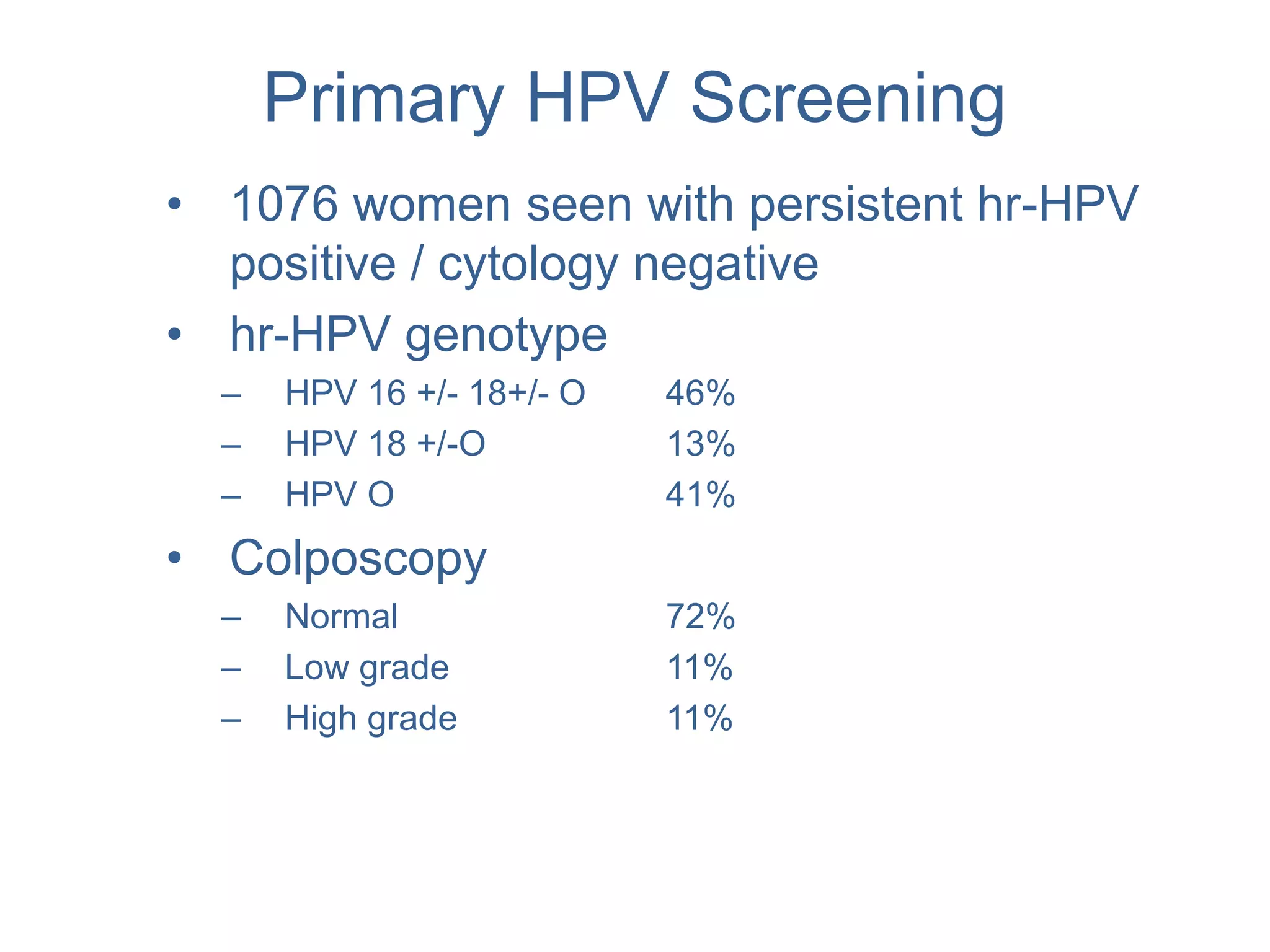 Primary HPV Screening
• 1076 women seen with persistent hr-HPV
positive / cytology negative
• hr-HPV genotype
– HPV 16 +/- 18+/- O 46%
– HPV 18 +/-O 13%
– HPV O 41%
• Colposcopy
– Normal 72%
– Low grade 11%
– High grade 11%
 
