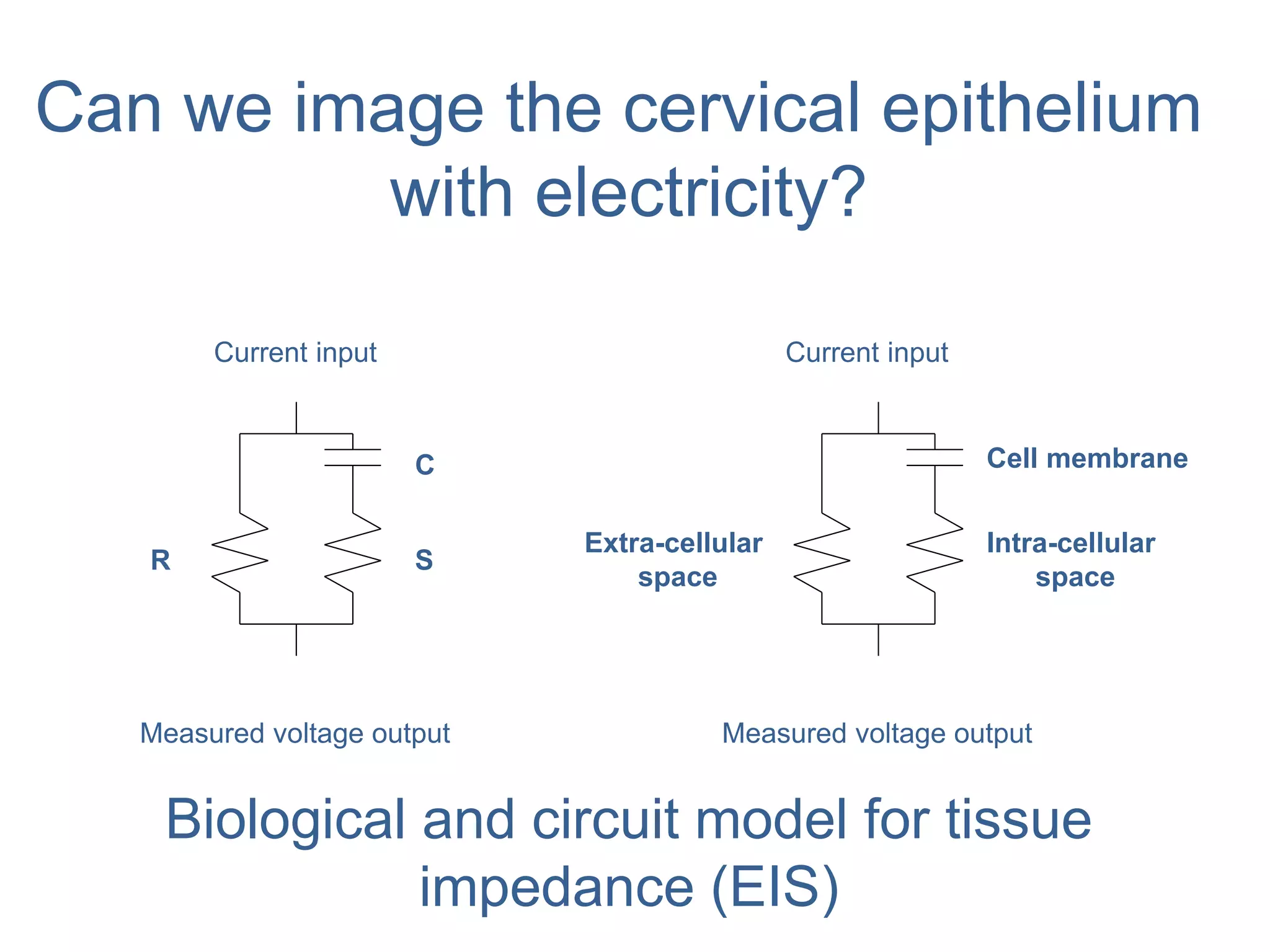 Biological and circuit model for tissue
impedance (EIS)
Extra-cellular
space
Intra-cellular
space
Current input
Measured voltage output
Cell membrane
Current input
Measured voltage output
R
C
S
Can we image the cervical epithelium
with electricity?
 