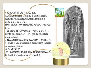 *POVOS SEMITAS – 2.300 a. C.
ACÁDIOS(Sargão I, iniciou a unificação) E
AMORITAS. (BABILÔNICOS) adotaram a
cultura dos sumérios.
HAMURABI – UNIFICOU OS POVOS EM 1700
a. C.
- CÓDIGO DE HAMURABI – “olho por olho,
dente por dente....” – 1° - código social da
antiguidade.
- INVASÃO DOS ARÍOS: CASSITAS – 1900 a. C.
1° OS HITITAS- eram mais numerosos fixaram-
se na Ásia menor.
-2 ° - MITÂNOS
-3° - CASSITAS- TROXERAM FERRO E CAVALO.
(substituíram o bronze e o cavalo).
 