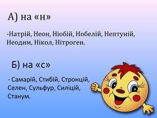 -Натрій, Неон, Ніобій, Нобелій, Нептуній,
Неодим, Нікол, Нітроген.
А) на «н»
Б) на «с»
- Самарій, Стибій, Стронцій,
Селен, Сульфур, Силіцій,
Станум.
 