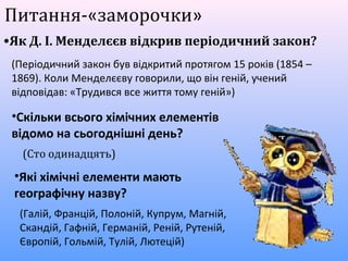 Питання-«заморочки»
•Як Д. І. Менделєєв відкрив періодичний закон?
(Періодичний закон був відкритий протягом 15 років (1854 –
1869). Коли Менделєєву говорили, що він геній, учений
відповідав: «Трудився все життя тому геній»)
•Скількивсьогохімічнихелементів
відомонасьогоднішнідень?
(Сто одинадцять)
•Якіхімічніелементимають
географічнуназву?
(Галій, Францій, Полоній, Купрум, Магній,
Скандій, Гафній, Германій, Реній, Рутеній,
Європій, Гольмій, Тулій, Лютецій)
 