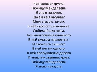 Не навевает грусть.
Таблицу Менделеева
Я знаю наизусть
Зачем ее я выучил?
Могу сказать зачем.
В ней строгость и величие
Любимейших поэм.
Без многословья книжного
В ней смысла торжество .
И элемента лишнего
В ней нет ни одного.
В ней пробужденье дерева
И внешних льдинок хруст.
Таблицу Менделеева
Я знаю наизусть.
 