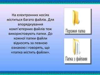 На електронних носіях
міститься багато файлів. Для
впорядкування
комп’ютерних файлів теж
використовують папки. До
кожної папки файли
відносять за певною
ознакою і говорять, що
«папка містить файли».
 
