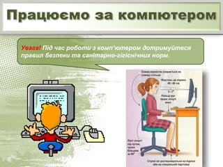 Увага! Під час роботи з комп’ютером дотримуйтеся
правил безпеки та санітарно-гігієнічних норм.
 