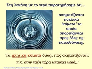 Στη λεκάνη με το νερό παρατηρήσαμε ότι…
Τα ηχητικά κύματα όμως, πώς σχηματίζονται;
π.χ. στην τάξη τώρα υπάρχει νερό;;;
σχηματίζονται
κυκλικά
‘κύματα’ τα
οποία
σκορπίζονται
προς όλες τις
κατευθύνσεις.
Επιμέλεια επανάληψης: Χρήστος Χαρμπής http://e-taksh.blogspot.gr σελ.20
 