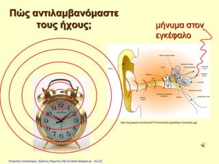 Πώς αντιλαμβανόμαστε
τους ήχους; μήνυμα στον
εγκέφαλο
http://img.search.com/thumb/7/7c/HumanEar.jpg/250px-HumanEar.jpg
Επιμέλεια επανάληψης: Χρήστος Χαρμπής http://e-taksh.blogspot.gr σελ.22
 