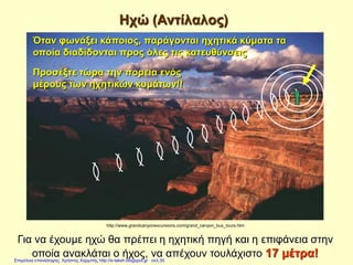 Ηχώ (Αντίλαλος)
Για να έχουμε ηχώ θα πρέπει η ηχητική πηγή και η επιφάνεια στην
οποία ανακλάται ο ήχος, να απέχουν τουλάχιστο 17 μέτρα!
http://www.grandcanyonexcursions.com/grand_canyon_bus_tours.htm
Προσέξτε τώρα την πορεία ενός
μέρους των ηχητικών κυμάτων!!
Όταν φωνάξει κάποιος, παράγονται ηχητικά κύματα τα
οποία διαδίδονται προς όλες τις κατευθύνσεις
Επιμέλεια επανάληψης: Χρήστος Χαρμπής http://e-taksh.blogspot.gr σελ.30
 