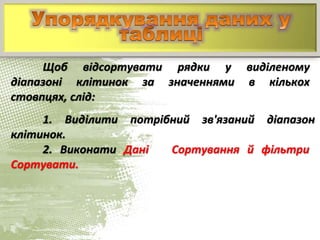 Щоб відсортувати рядки у виділеному
діапазоні клітинок за значеннями в кількох
стовпцях, слід:
1. Виділити потрібний зв'язаний діапазон
клітинок.
2. Виконати Дані Сортування й фільтри
Сортувати.
 