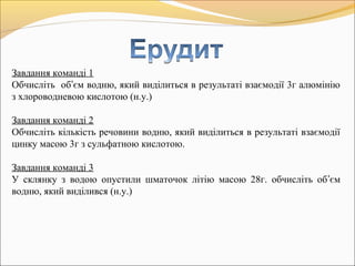 Завдання команді 1
Обчисліть об’єм водню, який виділиться в результаті взаємодії 3г алюмінію
з хлороводневою кислотою (н.у.)
Завдання команді 2
Обчисліть кількість речовини водню, який виділиться в результаті взаємодії
цинку масою 3г з сульфатною кислотою.
Завдання команді 3
У склянку з водою опустили шматочок літію масою 28г. обчисліть об’єм
водню, який виділився (н.у.)
 