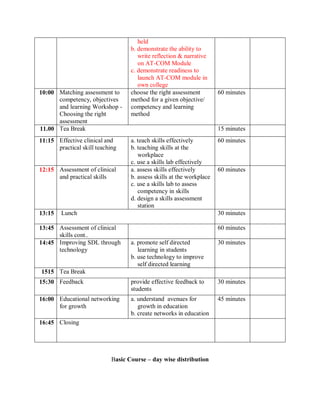 held
b. demonstrate the ability to
write reflection & narrative
on AT-COM Module
c. demonstrate readiness to
launch AT-COM module in
own college
10:00 Matching assessment to
competency, objectives
and learning Workshop -
Choosing the right
assessment
choose the right assessment
method for a given objective/
competency and learning
method
60 minutes
11.00 Tea Break 15 minutes
11:15 Effective clinical and
practical skill teaching
a. teach skills effectively
b. teaching skills at the
workplace
c. use a skills lab effectively
60 minutes
12:15 Assessment of clinical
and practical skills
a. assess skills effectively
b. assess skills at the workplace
c. use a skills lab to assess
competency in skills
d. design a skills assessment
station
60 minutes
13:15 Lunch 30 minutes
13:45 Assessment of clinical
skills cont..
60 minutes
14:45 Improving SDL through
technology
a. promote self directed
learning in students
b. use technology to improve
self directed learning
30 minutes
1515 Tea Break
15:30 Feedback provide effective feedback to
students
30 minutes
16:00 Educational networking
for growth
a. understand avenues for
growth in education
b. create networks in education
45 minutes
16:45 Closing
Basic Course – day wise distribution
 