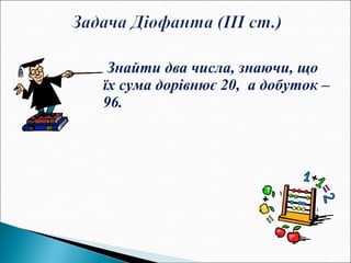 Знайти два числа, знаючи, що
їх сума дорівнює 20, а добуток –
96.
 