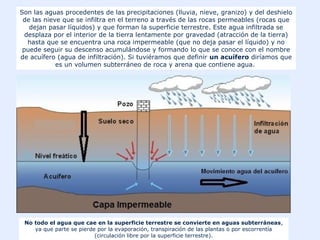 Son las aguas procedentes de las precipitaciones (lluvia, nieve, granizo) y del deshielo
de las nieve que se infiltra en el terreno a través de las rocas permeables (rocas que
dejan pasar líquidos) y que forman la superficie terrestre. Este agua infiltrada se
desplaza por el interior de la tierra lentamente por gravedad (atracción de la tierra)
hasta que se encuentra una roca impermeable (que no deja pasar el líquido) y no
puede seguir su descenso acumulándose y formando lo que se conoce con el nombre
de acuífero (agua de infiltración). Si tuviéramos que definir un acuífero diríamos que
es un volumen subterráneo de roca y arena que contiene agua.
No todo el agua que cae en la superficie terrestre se convierte en aguas subterráneas,
ya que parte se pierde por la evaporación, transpiración de las plantas o por escorrentía
(circulación libre por la superficie terrestre).
 