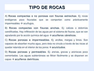 TIPO DE ROCASTIPO DE ROCAS
A) Rocas compactas o no porosas con fisuras estrechas. Ej: rocas
endógenas poco fisuradas que se comportan como prácticamente
impermeables  acuífugos.
B) Rocas compactas con fisuras anchas. Ej: calizas o dolomías
carstificadas. Hay infiltración de las aguas por el sistema de fisuras, que se van
agradando por la acción química del agua  acuíferos cársticos.
C) Rocas porosas e impermeables. Ej: arcillas, margas y limos. Son
capaces de absorber mucha agua, pero ésta no circula a través de las rocas al
quedar retenida en el interior de los poros  acuicludos.
D) Rocas porosas y permeables. Ej: arenas, gravas y areniscas poco
cementadas. Las aguas subterráneas se filtran fácilmente y se disponen en
capas  acuíferos detríticos.
 