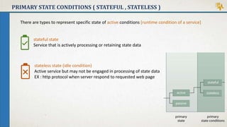 PRIMARY STATE CONDITIONS ( STATEFUL , STATELESS )
There are types to represent specific state of active conditions [runtime condition of a service]
stateless state (idle condition)
Active service but may not be engaged in processing of state data
EX : http protocol when server respond to requested web page
stateful state
Service that is actively processing or retaining state data
 