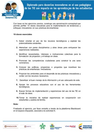 Con base en los ejercicios previos, construya una aproximación conceptual que
permita perfilar 10 claves educativas para la implementación de tendencias y
enfoques innovadores en sus prácticas de enseñanza:
10 claves esenciales
1. Saber orientar el uso de los recursos tecnológicos y explotar las
potencialidades existentes.
2. Interactuar con pares disciplinarios y otras áreas para enriquecer las
experiencias realizadas.
3. Identificar necesidades, intereses o motivaciones colectivas para la
formulación de proyectos y el trabajo en clase.
4. Promover las competencias ciudadanas para construir la una sana
convivencia.
5. Conocer las políticas, programas o proyectos que incentiven las
prácticas de enseñanzas innovadoras.
6. Propiciar los ambientes para el desarrollo de las prácticas innovadoras y
contar con los recursos necesarios.
7. Garantizar el buen manejo de la información y el uso adecuado de esta.
8. Apoyar los procesos educativos con el uso de las herramientas
tecnológicas.
9. Buscar formas de implementación y experiencias del uso de las TIC en
el aula de clase.
10.Tomar la iniciativa de realizar experiencias en cooperación con
estudiantes y padres de familia.
Nota:
Finalizado el ejercicio, por favor enviarlo a través de la plataforma Blackboard
en el espacio dispuesto, asociado a la actividad 8.
 