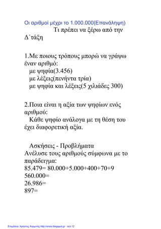 Οι αριθµοί µέχρι το 1.000.000(Επανάληψη)
Τι πρέπει να ξέρω από την
∆΄τάξη
1.Με ποιους τρόπους µπορώ να γράψω
έναν αριθµό:
µε ψηφία(3.456)
µε λέξεις(πενήντα τρία)
µε ψηφία και λέξεις(5 χιλιάδες 300)
2.Ποια είναι η αξία των ψηφίων ενός
αριθµού:
Κάθε ψηφίο ανάλογα µε τη θέση του
έχει διαφορετική αξία.
Ασκήσεις - Προβλήµατα
Ανέλυσε τους αριθµούς σύµφωνα µε το
παράδειγµα:
85.479= 80.000+5.000+400+70+9
560.000=
26.986=
897=
Επιμέλεια: Χρήστος Χαρμπής http://xristx.blogspot.gr σελ.12
 