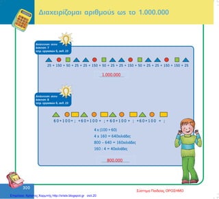 300
300
Äéá÷åéñßæïìáé áñéèìïýò ùò ôï 1.000.000
ÁðÜíôçóç óôçí
Üóêçóç 7
ôåôñ. åñãáóéþí ä, óåë. 23
ÁðÜíôçóç óôçí
Üóêçóç 8
ôåôñ. åñãáóéþí ä, óåë. 23
1.000.000
800.000
4 x (100 + 60)
4 x 160 = 640÷éëéÜäåò
800 – 640 = 160÷éëéÜäåò
160 : 4 = 40÷éëéÜäåò
Σύστημα Παιδείας ΟΡΟΣΗΜΟ
Επιμέλεια: Χρήστος Χαρμπής http://xristx.blogspot.gr σελ.20
 