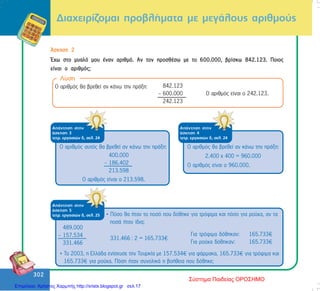 302
302
Äéá÷åéñßæïìáé ðñïâëÞìáôá ìå ìåãÜëïõò áñéèìïýò
¢óêçóç 2
¸÷ù óôï ìõáëü ìïõ Ýíáí áñéèìü. Áí ôïí ðñïóèÝóù ìå ôï 600.000, âñßóêù 842.123. Ðïéïò
åßíáé ï áñéèìüò;
Ëýóç
Ï áñéèìüò èá âñåèåß áí êÜíù ôçí ðñÜîç:
Ï áñéèìüò åßíáé ï 242.123.
ÁðÜíôçóç óôçí
Üóêçóç 3
ôåôñ. åñãáóéþí ä, óåë. 24
Ï áñéèìüò áõôüò èá âñåèåß áí êÜíù ôçí ðñÜîç:
400.000
– 186.402
213.598
Ï áñéèìüò åßíáé ï 213.598.
842.123
– 600.000
242.123
ÁðÜíôçóç óôçí
Üóêçóç 4
ôåôñ. åñãáóéþí ä, óåë. 24
Ï áñéèìüò èá âñåèåß áí êÜíù ôçí ðñÜîç:
2.400 ÷ 400 = 960.000
Ï áñéèìüò åßíáé ï 960.000.
ÁðÜíôçóç óôçí
Üóêçóç 5
ôåôñ. åñãáóéþí ä, óåë. 25
489.000
– 157.534
331.466
331.466 : 2 = 165.733
Ãéá ôñüöéìá äüèçêáí: 165.733
Ãéá ñïý÷á äüèçêáí: 165.733
• Ôï 2003, ç ÅëëÜäá åíßó÷õóå ôçí Ôïõñêßá ìå 157.534 ãéá öÜñìáêá, 165.733 ãéá ôñüöéìá êáé
165.733 ãéá ñïý÷á. Ðüóç Þôáí óõíïëéêÜ ç âïÞèåéá ðïõ äüèçêå;
• Ðüóï èá Þôáí ôï ðïóü ðïõ äüèçêå ãéá ôñüöéìá êáé ðüóï ãéá ñïý÷á, áí ôá
ðïóÜ Þôáí ßäéá;
Σύστημα Παιδείας ΟΡΟΣΗΜΟ
Επιμέλεια: Χρήστος Χαρμπής http://xristx.blogspot.gr σελ.17
 