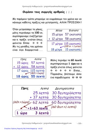 - 155 -
Θυμάσαι τους συμμιγής αριθμούς ; ; ;
Με παρόμοιο τρόπο μπορούμε να εκφράσουμε τον χρόνο και να
κάνουμε κάθετες πράξεις και μετατροπές. ΑΛΛΑ ΠΡΟΣΟΧΗ !
Όταν μετρούσαμε το μήκος,
μόλις περνάγαμε τα 100 εκ.
συμπληρώναμε ένα(1)μέτρο
και η πράξη γινόταν όπως
φαίνεται δίπλα   
Με τις μονάδες του χρόνου
είναι λίγο διαφορετικά . . .
Μόλις περνάμε τα 60 λεπτά
συμπληρώνουμε 1 ώρα και η
πράξη γίνεται όπως φαίνεται
     δίπλα...
Παρακάτω, βλέπουμε άλλο
ένα παραδείγματα   
Προπονητής Μαθηματικών - proponitismathimatikon.blogspot.com
Προπονητής Μαθηματικών - proponitismathimatikon.blogspot.com
Επιμέλεια: Χρήστος Χαρμπής http://xristx.blogspot.gr σελ.22
 