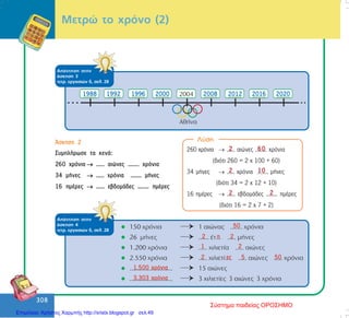 308
308
ÁðÜíôçóç óôçí
Üóêçóç 3
ôåôñ. åñãáóéþí ä, óåë. 28
Ìåôñþ ôï ÷ñüíï (2)
¢óêçóç 2
ÓõìðëÞñùóå ôá êåíÜ:
260 ÷ñüíéá →→→→→ ..... áéþíåò ....... ÷ñüíéá
34 ìÞíåò →→→→→ ..... ÷ñüíéá ....... ìÞíåò
16 çìÝñåò →→→→→ ..... åâäïìÜäåò ....... çìÝñåò
260 ÷ñüíéá → ..... áéþíåò ....... ÷ñüíéá
(äéüôé 260 = 2 ÷ 100 + 60)
34 ìÞíåò → ..... ÷ñüíéá ....... ìÞíåò
(äéüôé 34 = 2 ÷ 12 + 10)
16 çìÝñåò → ..... åâäïìÜäåò ....... çìÝñåò
(äéüôé 16 = 2 ÷ 7 + 2)
Ëýóç
2 60
2 10
2 2
ÁðÜíôçóç óôçí
Üóêçóç 4
ôåôñ. åñãáóéþí ä, óåë. 28
Σύστημα παιδείας ΟΡΟΣΗΜΟ
Επιμέλεια: Χρήστος Χαρμπής http://xristx.blogspot.gr σελ.49
 