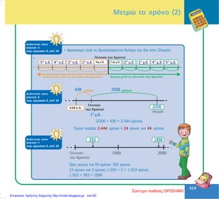 309
309
Ìåôñþ ôï ÷ñüíï (2)
• Áñ÷áéüôåñï åßíáé ôï ×ñõóáëåöÜíôéíï ¢ãáëìá ôïõ Äßá óôçí Ïëõìðßá.
ÁðÜíôçóç óôçí
Üóêçóç 5
ôåôñ. åñãáóéþí ä, óåë. 29
ÁðÜíôçóç óôçí
Üóêçóç 6
ôåôñ. åñãáóéþí ä, óåë. 29
(2006 + 438 = 2.444 ÷ñüíéá)
¸÷ïõí ðåñÜóåé 2.444 ÷ñüíéá Þ 24 áéþíåò êáé 44 ÷ñüíéá.
ÁðÜíôçóç óôçí
Üóêçóç 7
ôåôñ. åñãáóéþí ä, óåë. 29
•
Ôñåéò áéþíåò êáé 93 ÷ñüíéá: 393 ÷ñüíéá
15 áéþíåò êáé 3 ÷ñüíéá: 1.500 + 3 = 1.503 ÷ñüíéá
1.503 + 393 = 1896
Σύστημα παιδείας ΟΡΟΣΗΜΟ
Επιμέλεια: Χρήστος Χαρμπής http://xristx.blogspot.gr σελ.50
 