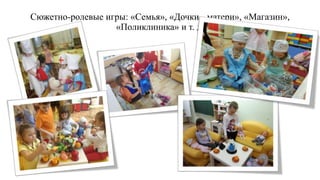 Сюжетно-ролевые игры: «Семья», «Дочки - матери», «Магазин»,
«Поликлиника» и т. д.
 